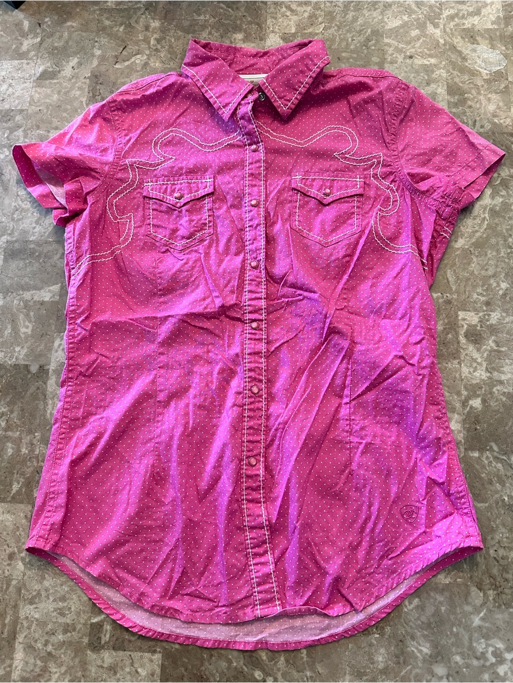Ariat Pearl Snap Western Button Up Shirt - Womens Small - Pink White Polka Dot